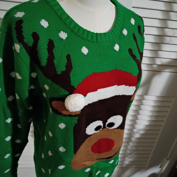 UGLY CHRISTMAS SWEATER Medium Women's Rudolf Green w/White Polka Dots PomPom - Picture 3 of 10